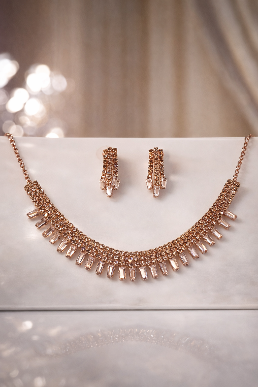 Wow Women Champagne Crystal Fringe Necklace Set – Rose Gold Finish