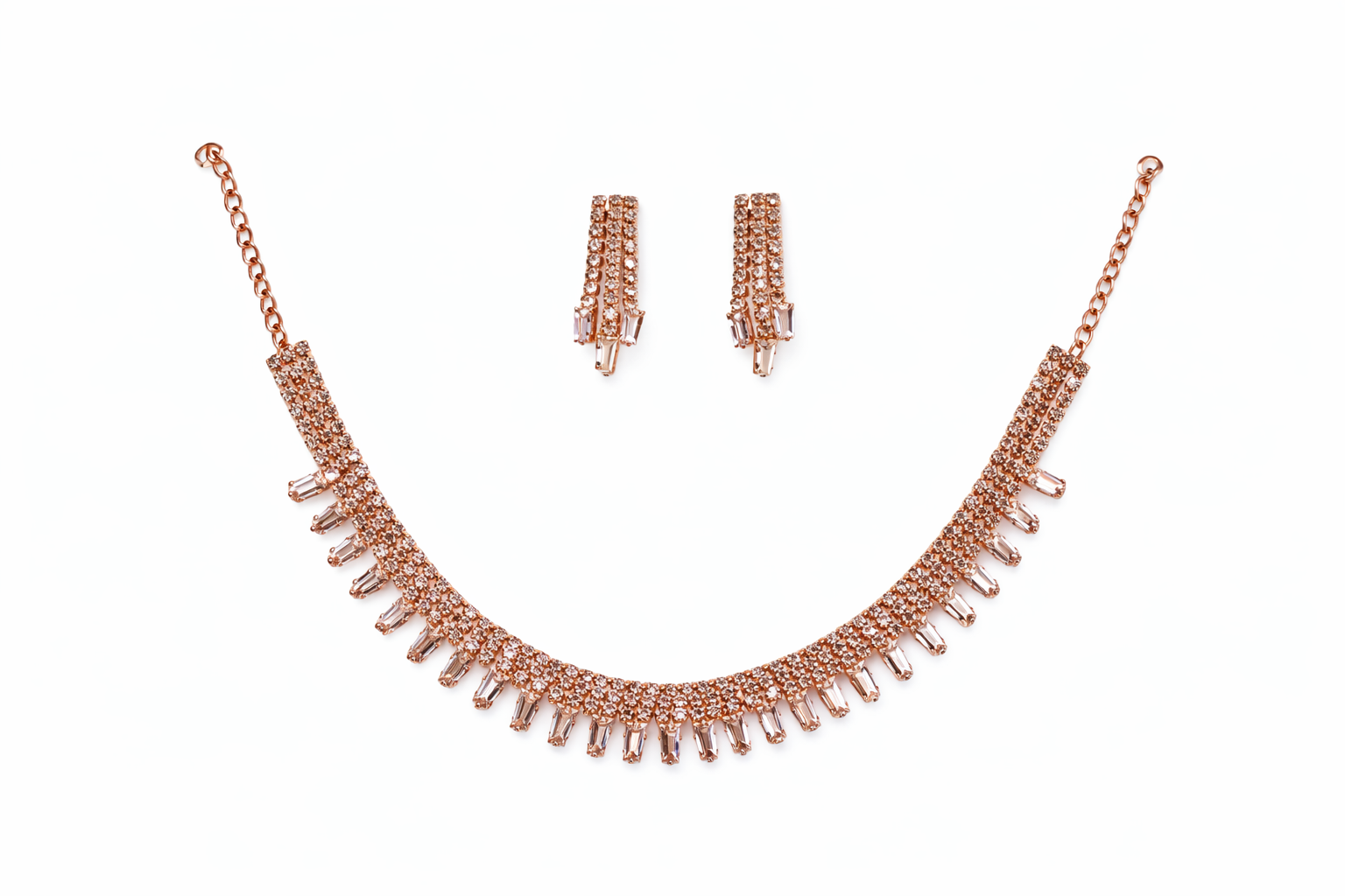 Wow Women Champagne Crystal Fringe Necklace Set – Rose Gold Finish