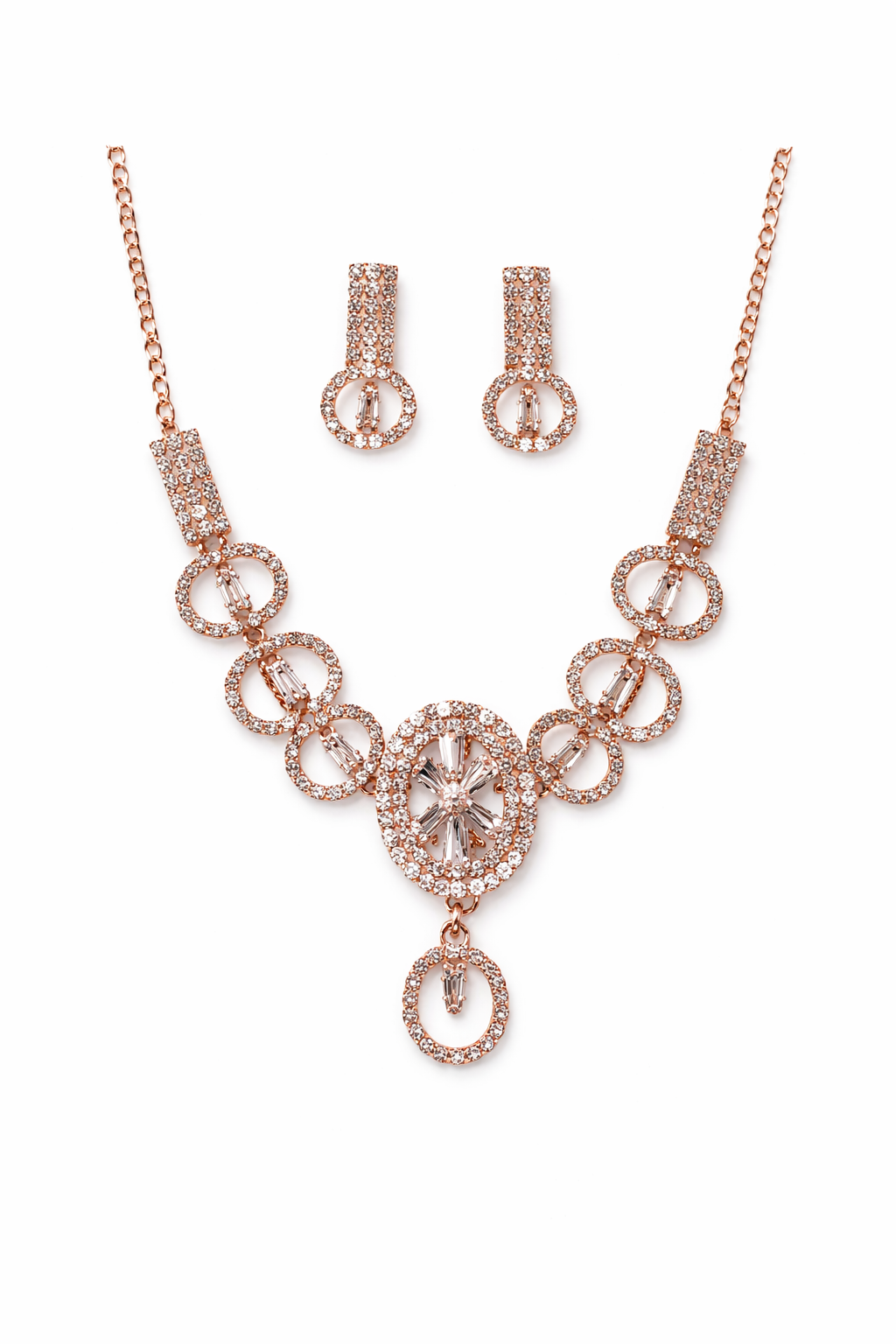 Wow Women Crystal Halo Statement Necklace Set – Rose Gold Finish