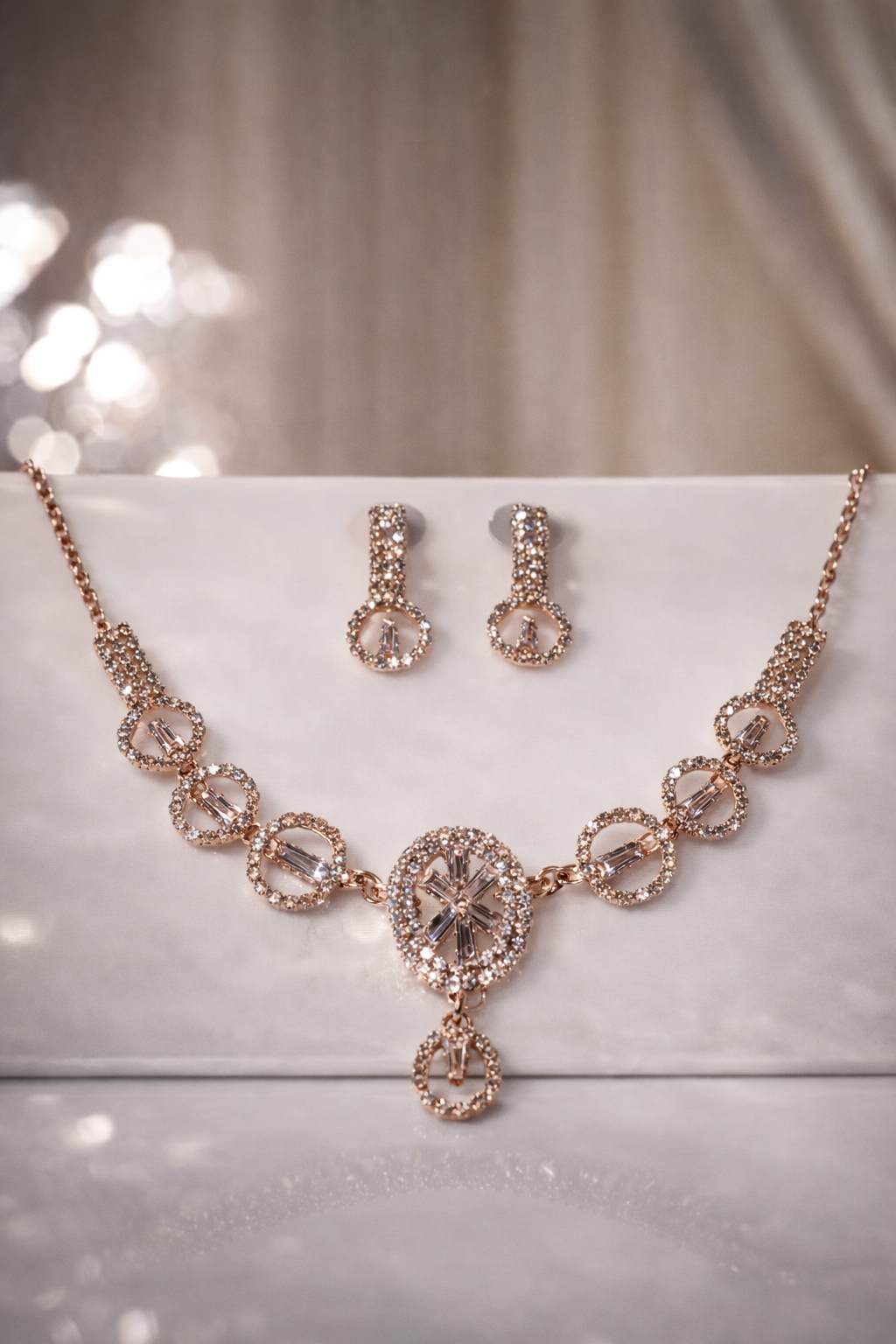 Wow Women Crystal Halo Statement Necklace Set – Rose Gold Finish
