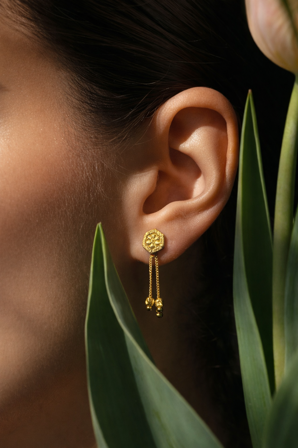 Floral Halo Drop Earrings – Gold Finish