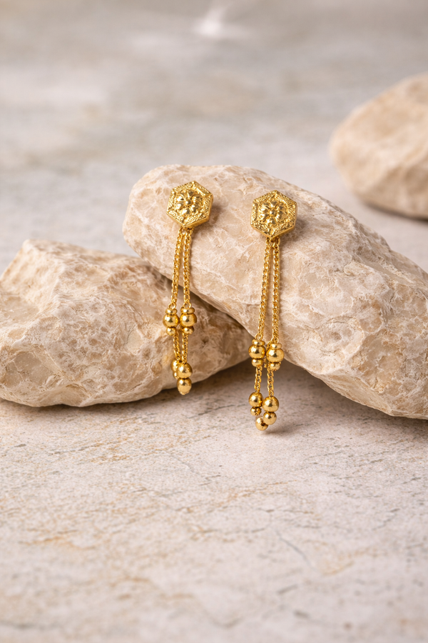 Hexagon Crystal Tassel Earrings – Gold Finish