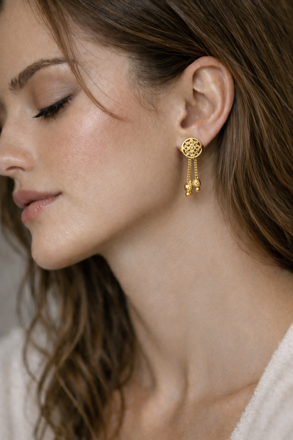 Hexagon Crystal Tassel Earrings – Gold Finish