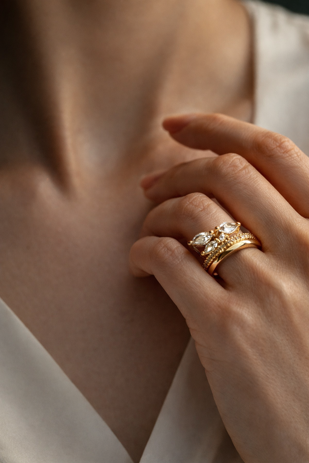 Leaf Crystal Open Ring – Gold Finish