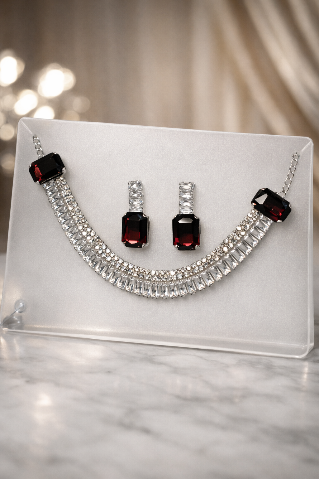 Midnight Ruby Crystal Bar Necklace Set