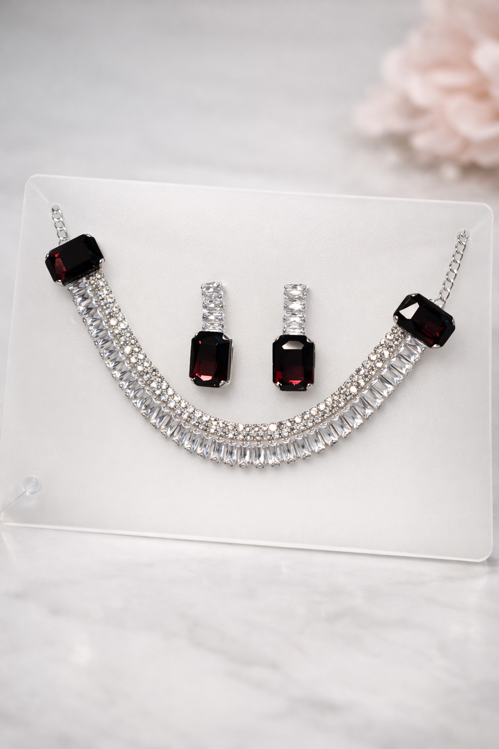 Midnight Ruby Crystal Bar Necklace Set