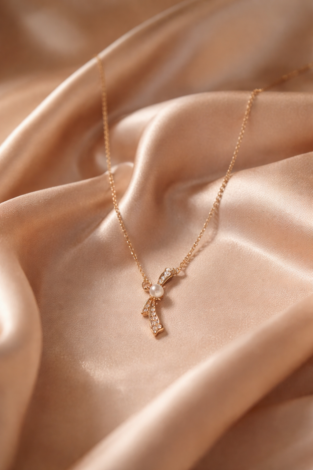 Pearl Bow Pendant Necklace – Gold Finish