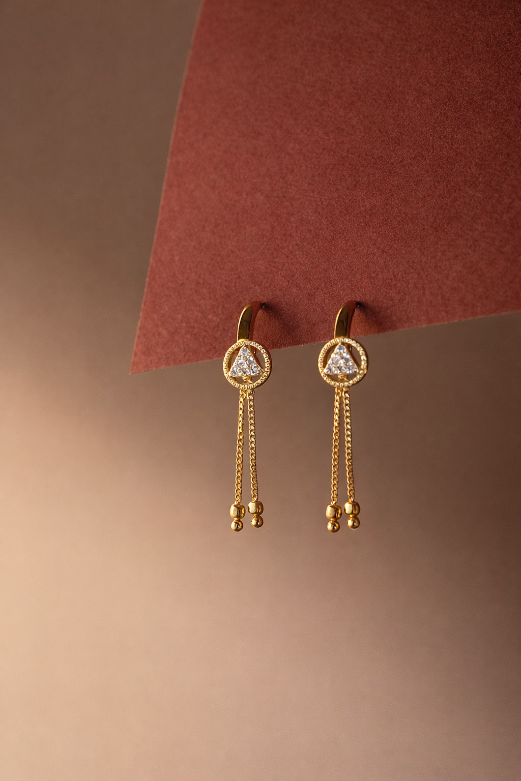 Triangle Crystal Tassel Earrings – Gold Finish