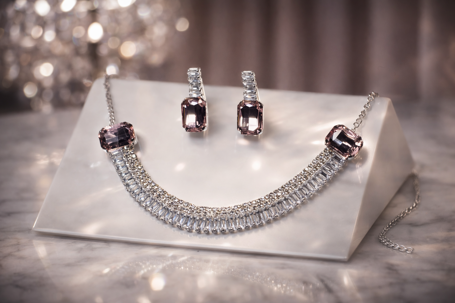 Wow Women Blush Crystal Bar Necklace Set – Silver Finish