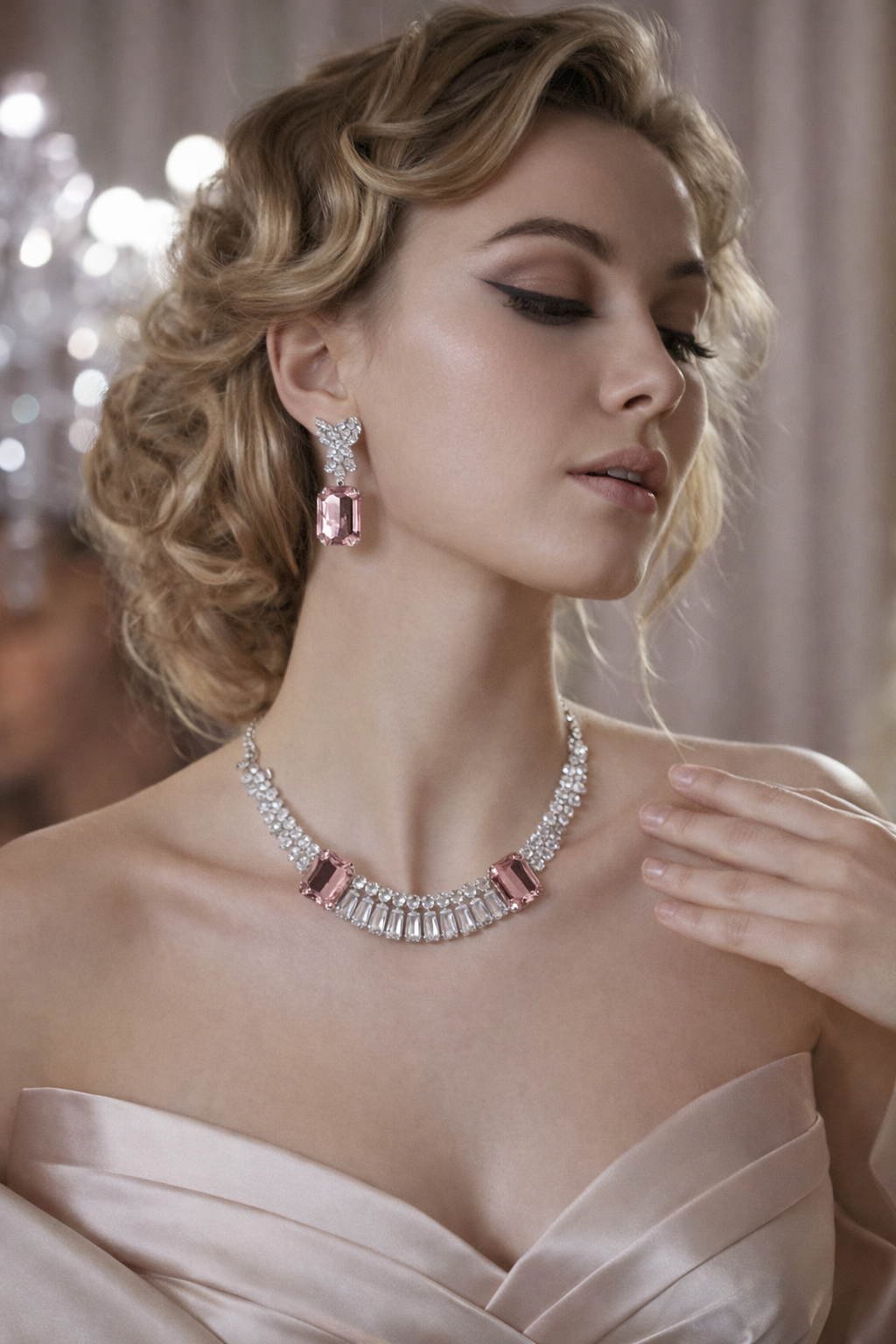 Wow Women Blush Crystal Bar Necklace Set – Silver Finish