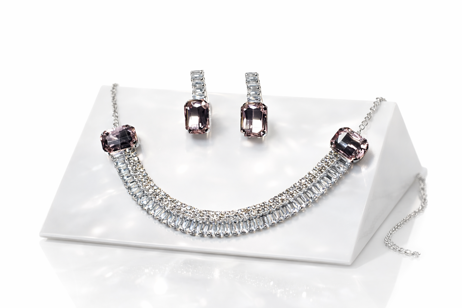 Wow Women Blush Crystal Bar Necklace Set – Silver Finish