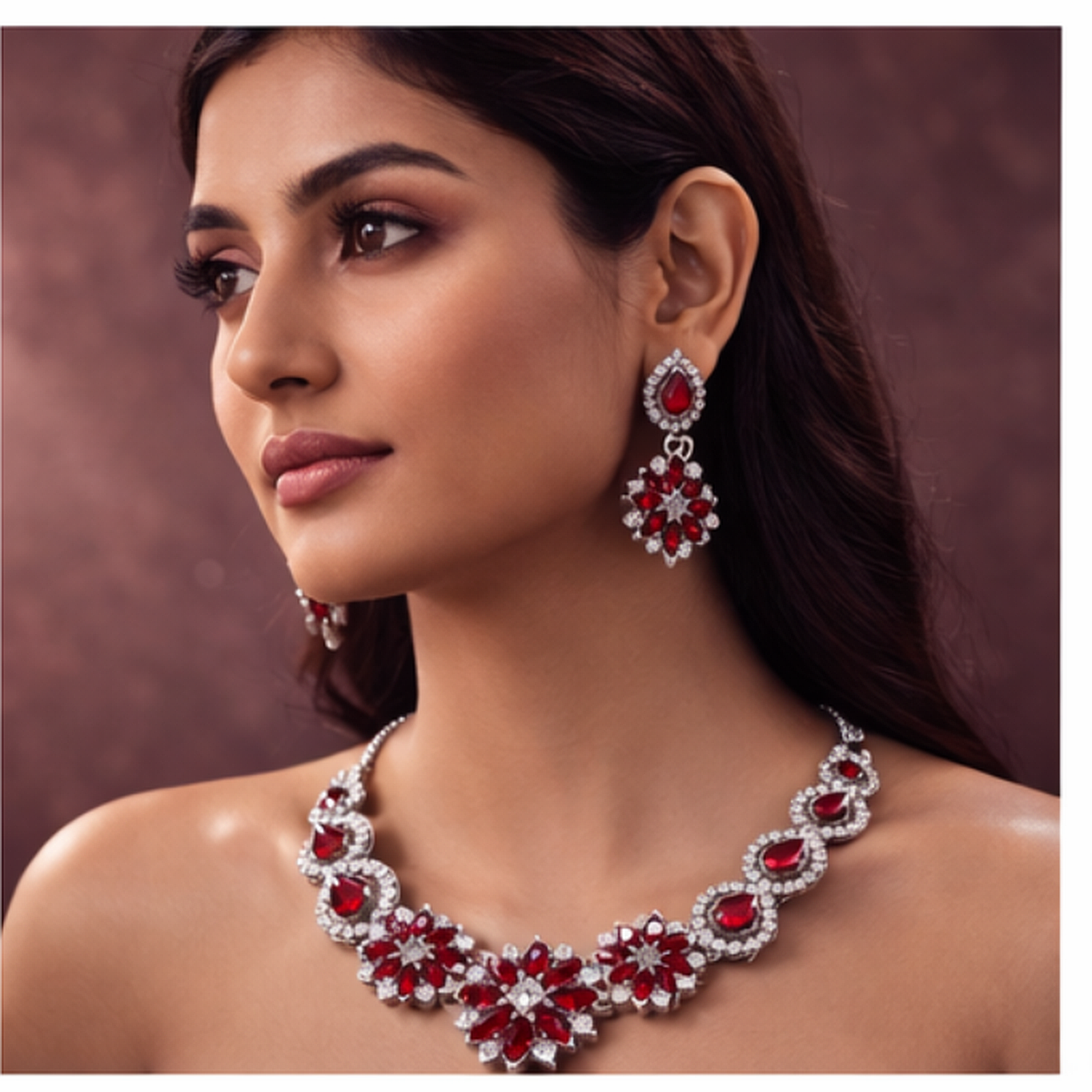 Ruby Floral Statement Necklace Set with Earrings – Silver Finish