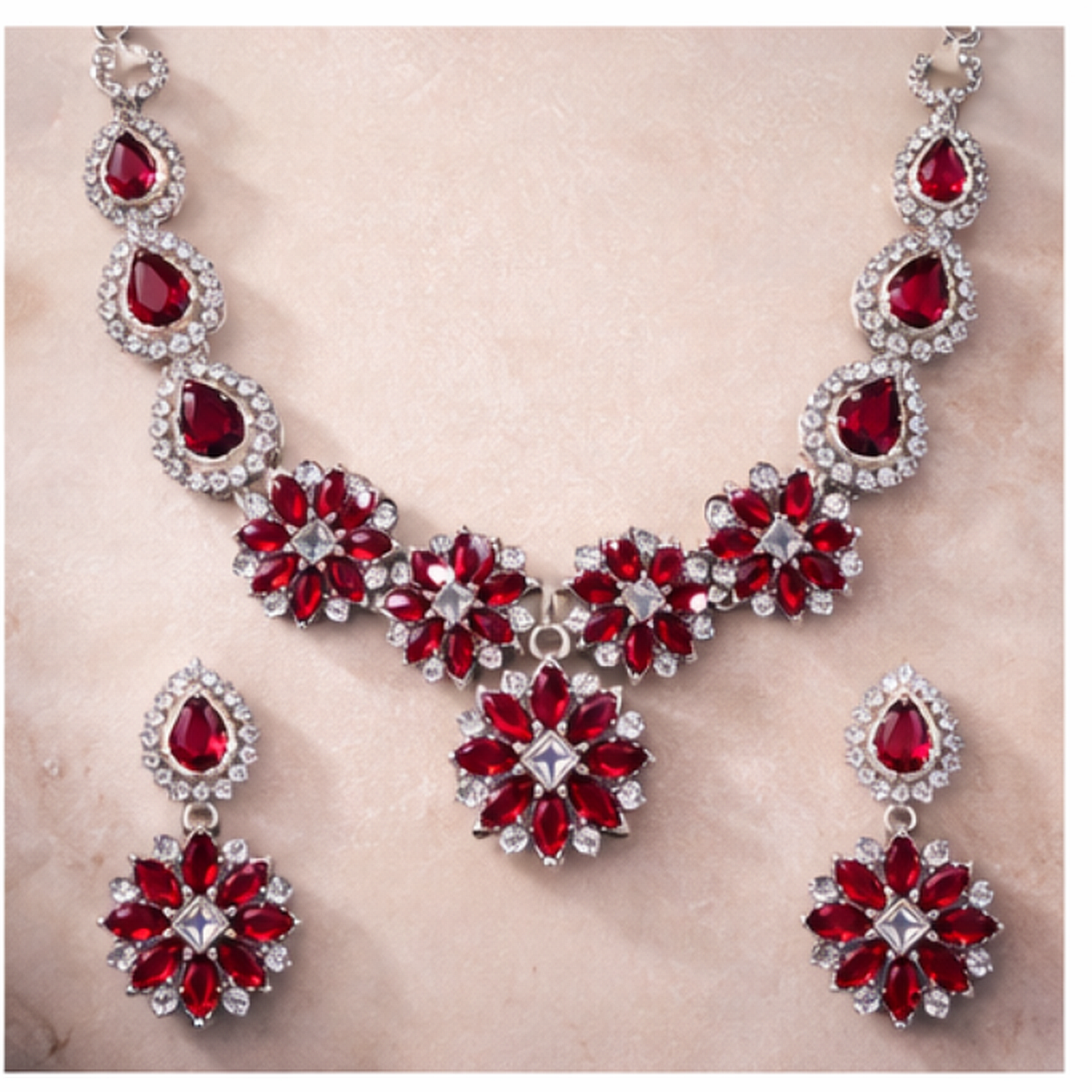 Ruby Floral Statement Necklace Set with Earrings – Silver Finish