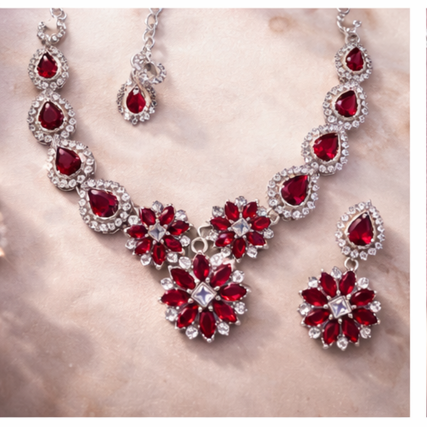Ruby Floral Statement Necklace Set with Earrings – Silver Finish