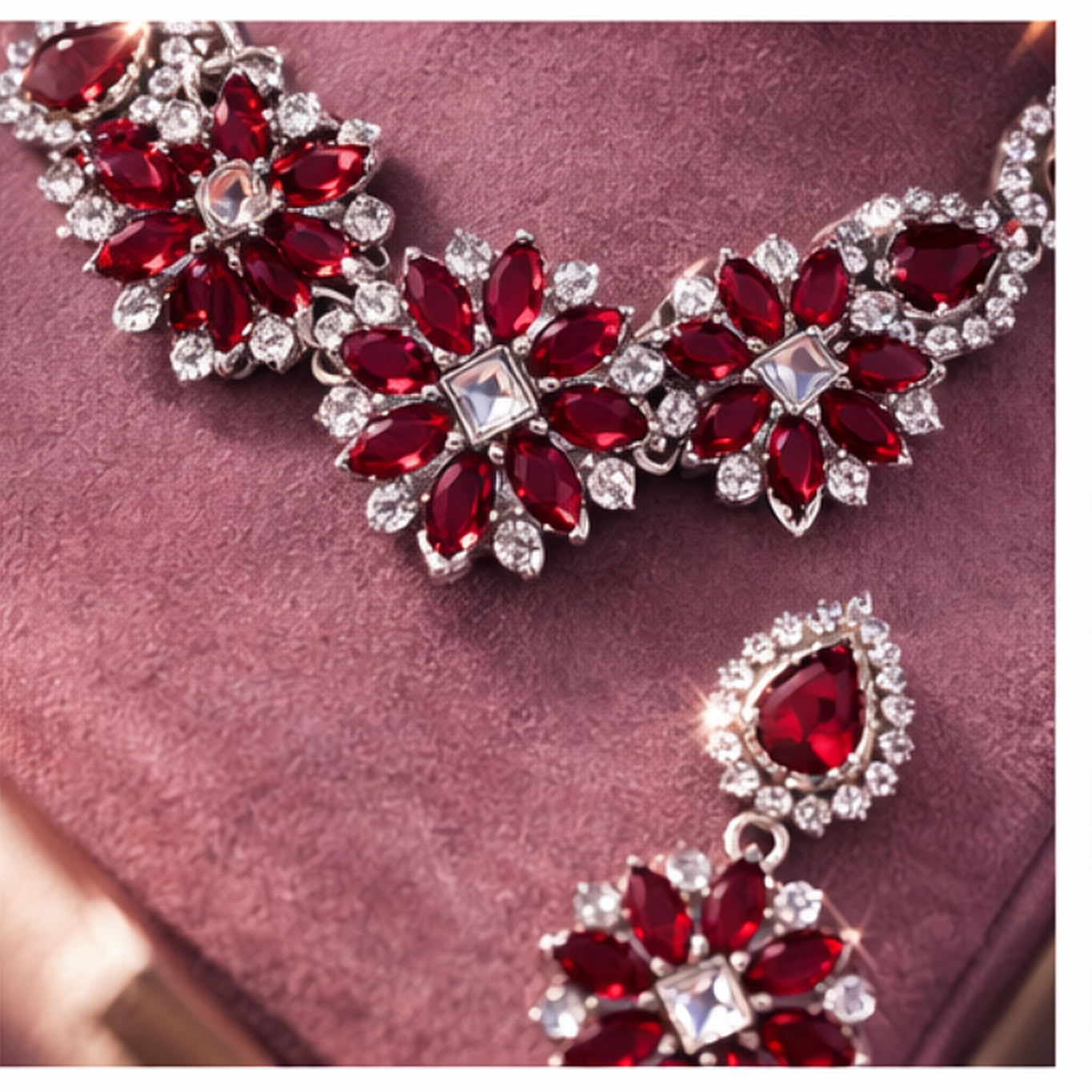Ruby Floral Statement Necklace Set with Earrings – Silver Finish