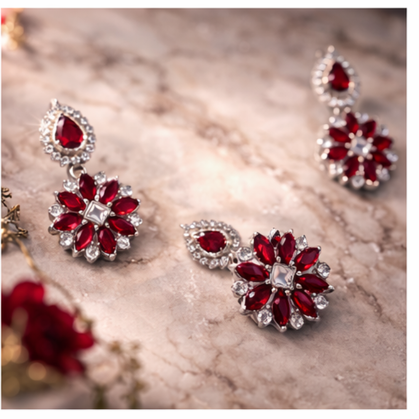 Ruby Floral Statement Necklace Set with Earrings – Silver Finish